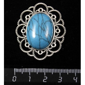 Брошь из бирюзы (иск.), овал 25х18мм, "ромашка"