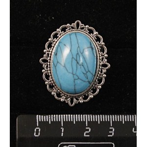 Брошь из бирюзы (иск.), с ажурным контуром, цвет ант. серебро, овал 25х18мм