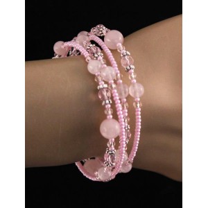 Браслет из кварца розового (шарик 8 и 6мм) на струнке с хрусталем и бисером