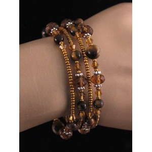 Браслет из тигрового глаза (шарик 8 и 6мм) на струнке с хрусталем и бисером
