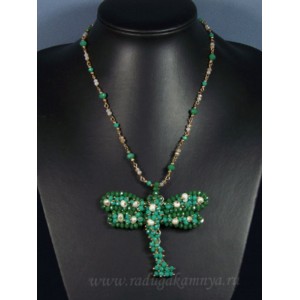 Бусы с подвеской из циркона с жемчугом "Стрекоза" 85*75мм цвет зеленый, 50см Бусы с подвеской из циркона с жемчугом "Стрекоза" 85*75мм цвет зеленый, 50см