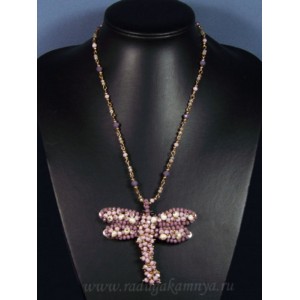 Бусы с подвеской из циркона с жемчугом "Стрекоза" 85*75мм цвет сиреневый, 50см