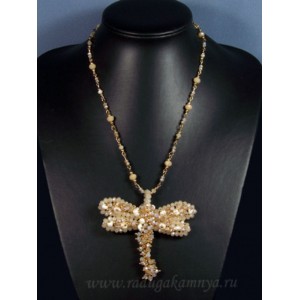 Бусы с подвеской из циркона с жемчугом "Стрекоза" 85*75мм цвет цитрин, 50см Бусы с подвеской из циркона с жемчугом "Стрекоза" 85*75мм цвет цитрин, 50см