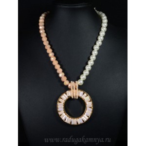 Бусы из майорки шарик 12мм с цирконом кукуруза 10мм, подвеска "Кольцо" цвет белый, персиковый, 45см