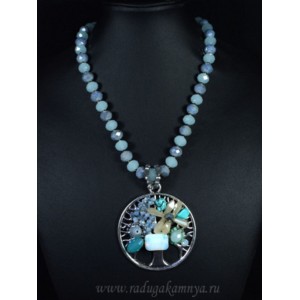 Бусы с подвеской из циркона "Дерево жизни" 60мм цвет серый, 45см