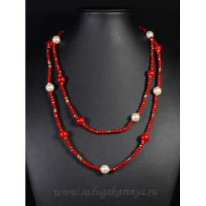 Бусы-браслет 100см из циркона с майоркой, красный