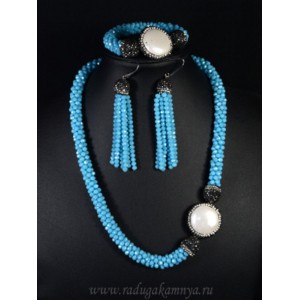 Комплект: Комплект: бусы, браслет, серьги из циркона жгут 1см с майоркой круг 28мм, цвет голубой, 49см