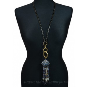 Бусы из циркона на кожаном шнурке "Купол с кистью" цвет сине-черный, металл золото, 76см Бусы из циркона на кожаном шнурке "Купол с кистью" цвет сине-черный, металл золото, 76см