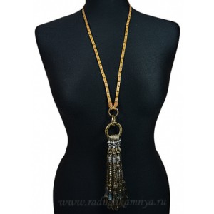 Бусы из циркона на кожаном шнурке "Кисточка" цвет серый, металл золото, 76см