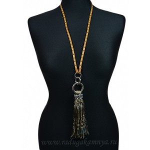 Бусы из циркона на кожаном шнурке "Кисточка" цвет серый, металл серебро, 76см