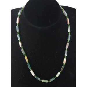 Бусы из яшмы зеленой, брусок 12х4мм + хрусталь