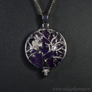 Кулон "Дерево с совой" в металле с аметистом 27*36мм