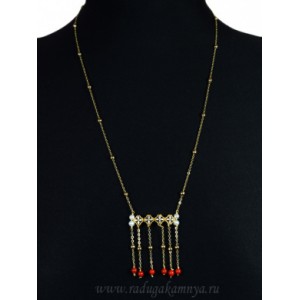 Кулон с жемчугом и цирконами на цепочке "Цветы" 38мм, 57см Кулон с жемчугом и цирконами на цепочке "Цветы" 38мм, 57см