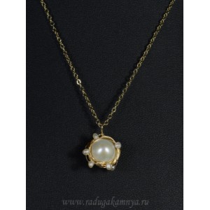 Кулон с жемчугом цвет белый "Солнце" 15*17мм, 40см
