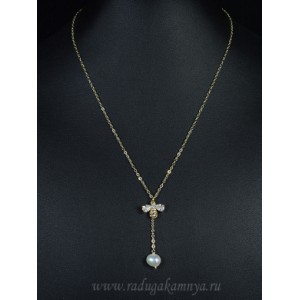 Кулон с жемчужиной и цирконами на цепочке "Пчёлка" 14*11мм, 40см