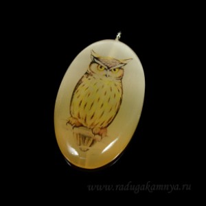 Кулон из селенита "Сова на ветке 2" овал 30*55мм, на шнурке
