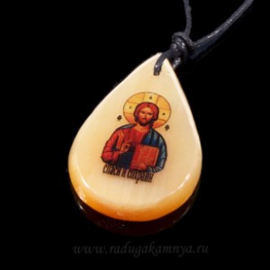 Оберег из селенита, кулон"Иисус спаси и сохрани",  27*40мм.