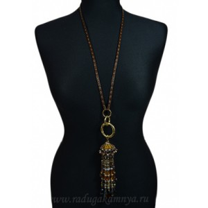Подвеска из циркона на кожаном шнурке "Купол с кистью" цвет сепия, металл золото, 76см Подвеска из циркона на кожаном шнурке "Купол с кистью" цвет сепия, металл золото, 76см