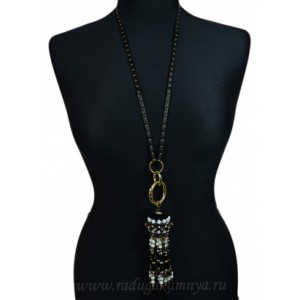 Подвеска из циркона на кожаном шнурке "Купол с кистью" цвет черно-белый, металл золото, 76см