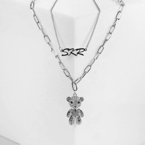 Кулон "Цепь" мишка в стразах, цвет белый, цвет серебристый