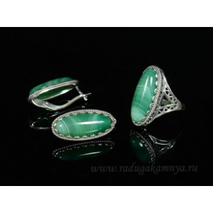 Кольцо и серьги с агатом тонированным цвет  зеленый