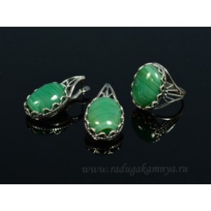 Кольцо и серьги с агатом тонированным цвет  зеленый