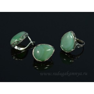 Кольцо и серьги с агатом тонированным цвет  зеленый