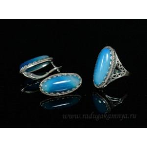 Кольцо и серьги с агатом тонированным цвет  синий