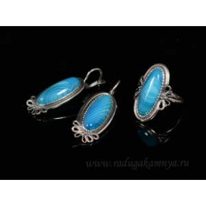 Кольцо и серьги с агатом тонированным цвет  синий