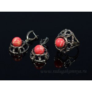 Кольцо и серьги с агатом тонированным цвет красный