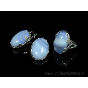 Кольцо и серьги с агатом тонированным, цвет  голубой