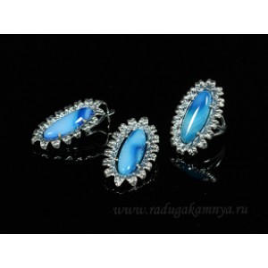 Кольцо и серьги с агатом тонированным, цвет  голубой