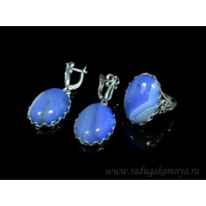 Кольцо и серьги с агатом тонированным, цвет  голубой
