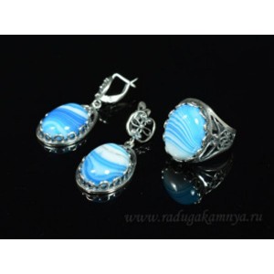 Кольцо и серьги агат тонированный, цвет  синий