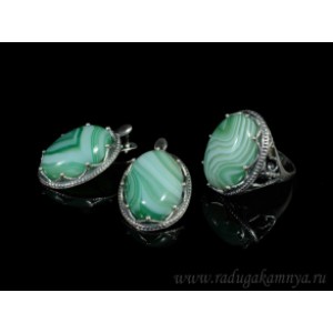 Кольцо и серьги с агатом тонированным, цвет  зеленый