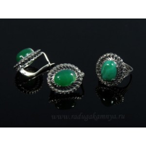 Кольцо и серьги с агатом тонированным (зеленый)