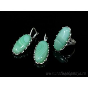 Кольцо и серьги с агатом тонированным, цвет  зеленый
