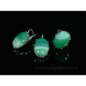 Кольцо и серьги с агатом тонированным, цвет  зеленый