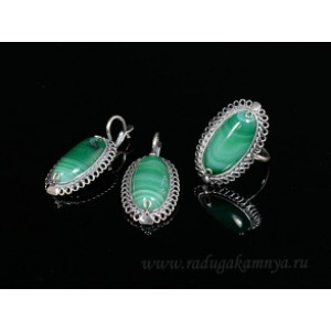 Кольцо и серьги с агатом тонированным, цвет  зеленый