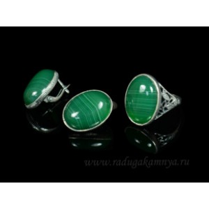 Кольцо и серьги с агатом тонированным, цвет  зеленый
