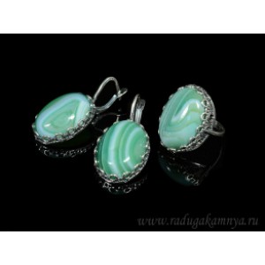 Кольцо и серьги с агатом тонированным, цвет зеленый Кольцо и серьги с агатом тонированным, цвет зеленый