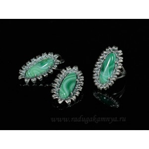 Кольцо и серьги с агатом тонированным, цвет  зеленый