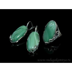 Кольцо и серьги с агатом тонированным, цвет  зеленый