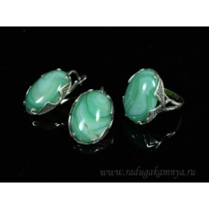 Кольцо и серьги с агатом тонированным, цвет  зеленый