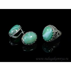 Кольцо и серьги с агатом тонированным, цвет  зеленый