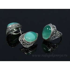 Кольцо и серьги с агатом тонированным, цвет  зеленый