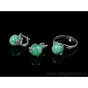 Кольцо и серьги с агатом тонированным, цвет  зеленый