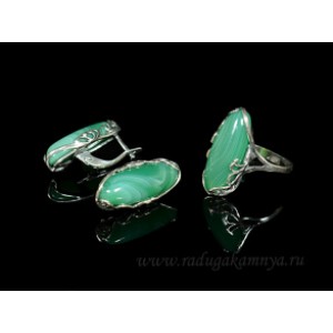 Кольцо и серьги с агатом тонированным, цвет  зеленый