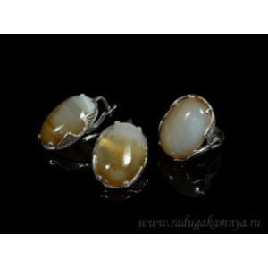 Кольцо и серьги с агатом тонированным, цвет  кофе