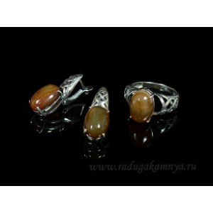 Кольцо и серьги с агатом тонированным, цвет кофе Кольцо и серьги с агатом тонированным, цвет кофе